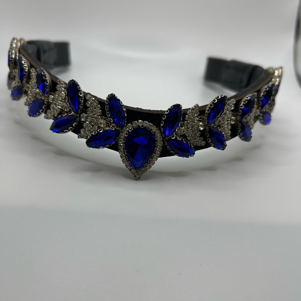 Leather Horse Browband Royal Blue Crystal Leaf Design